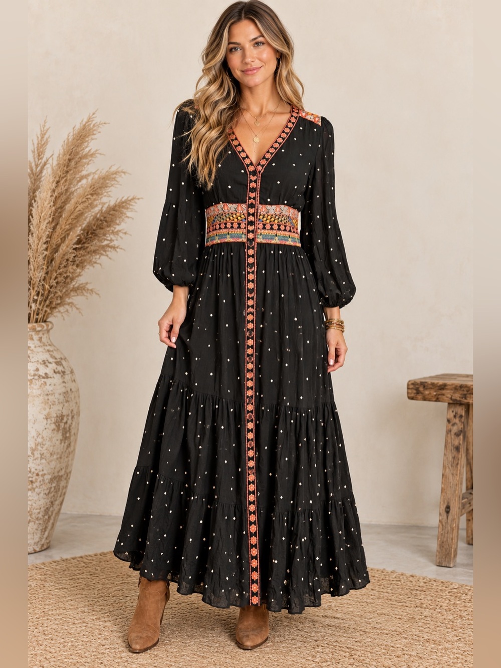 Anthropologie Black Embroidered Boho Maxi Dress Long Sleeve